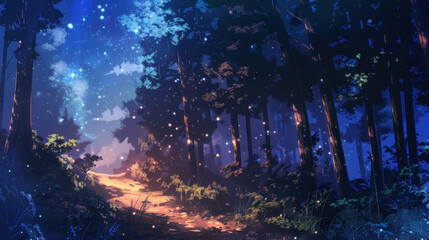 Fototapeta premium Magical forest path at night with glowing lights and starry sky lofi anime style