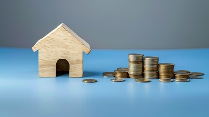 A wooden house model next to a stack of coins on a blue background
