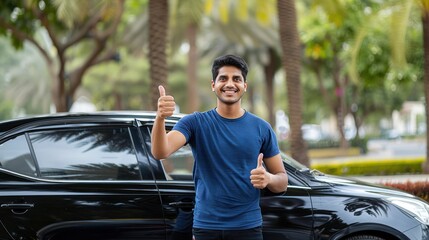 A young Indian man in blue t shirt standing near his black car showing thumbs up and smiling at the camera