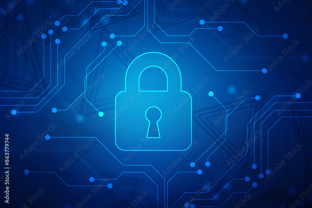 Poster closed padlock on digital screen with flowing binary codes, cyber security and safety information, p