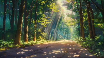 Obraz premium Sunlight streaming through lush forest canopy onto a tranquil forest path lofi anime style