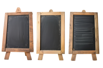 Outdoor chalkboard mockup. Empty chalk menu boards, blackboard display template with wooden frames isolated set. Blank board for advertisement text, cafe announcement asolated on white background