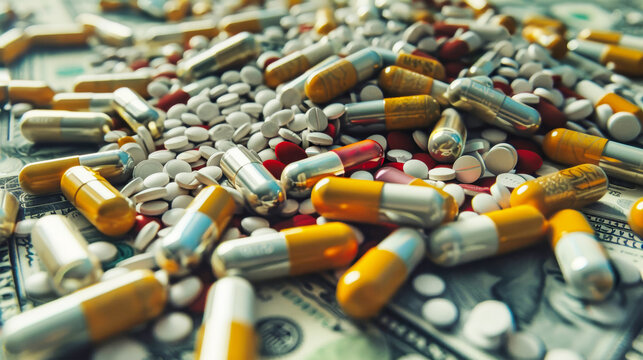 A close-up image of various pills and capsules scattered over US dollar bills, highlighting the high cost of healthcare and expensive medications
