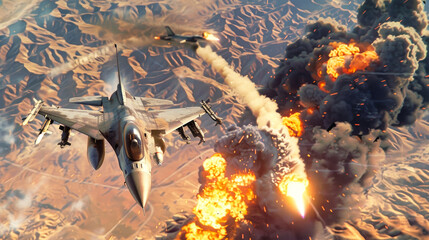 A fighter jet flies over a desert landscape, leaving a trail of smoke and fire behind it