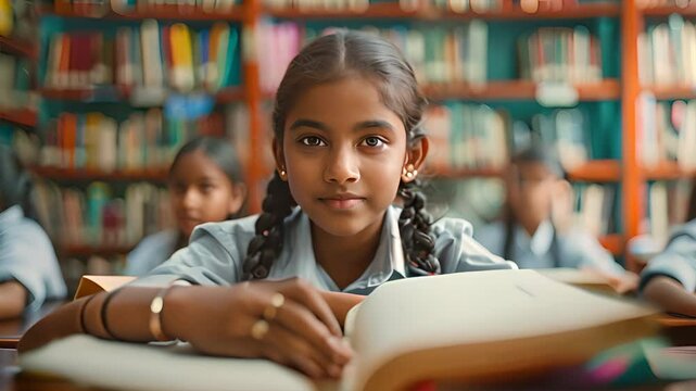 group of tamil female school students in uniform studying in library.generative ai