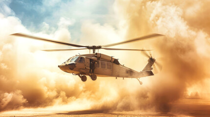 A military helicopter takes flight through a cloud of desert dust. The helicopter is silhouetted against a bright, golden sky