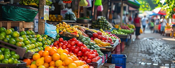 Obraz premium Bustling urban market scene with colorful stalls