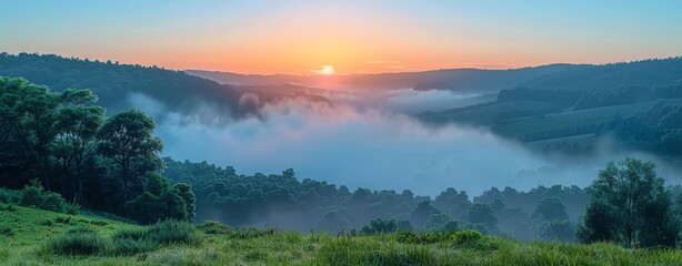 Dense fog rolling over a tranquil valley at sunrise