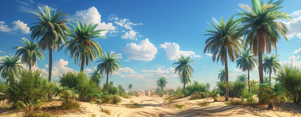 Fototapeta premium Desert oasis with palm trees and a clear blue sky