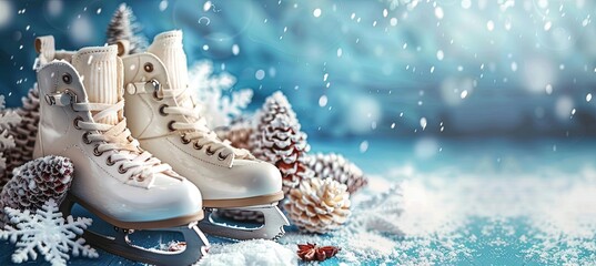 Christmas ice skates on blue background, banner, greeting card