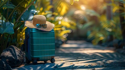 Fototapeta premium The travel concept is represented by a green suitcase and sunhat and sunglass for the traveler 