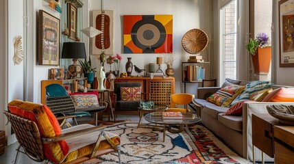A guest room with a contemporary eclectic style, featuring a mix of modern and vintage furniture, colorful textiles, and quirky decor pieces.