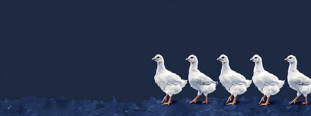 Group of white chicks walking in a row on a navy blue background