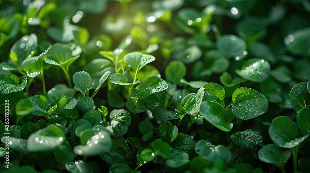 Wall mural Lush garden with fresh and green watercress plants with morning dew drops and soft, warm morning sunlight