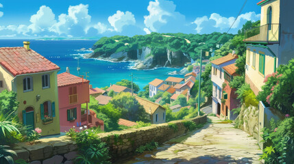 Naklejka premium Vibrant coastal village overlooking turquoise sea, colorful houses, lush greenery, sunny day, Mediterranean architecture