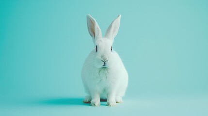 Obraz premium Cute white rabbit sitting and looking at the camera on light blue background