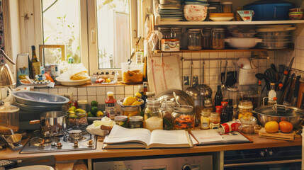 Small cluttered kitchen with various cooking ingredients, spices, pots, pans, and an open cookbook on the counter