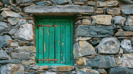 Wooden window in green on wall crafted from stone