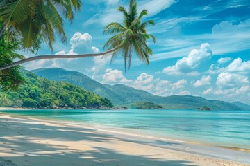 Picturesque Tropical Coast with White Sand, Blue Sea at Hot Afternoon, Beautiful Paradise Beach
