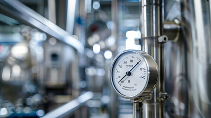 A close-up shot of a temperature gauge mounted on a stainless steel pipe in a modern industrial facility