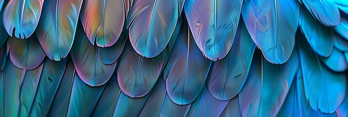 Obraz premium Blue Color Feathers Background, Rainbow Tint Colored Plumage, Scaly Wings Texture, Copy Space