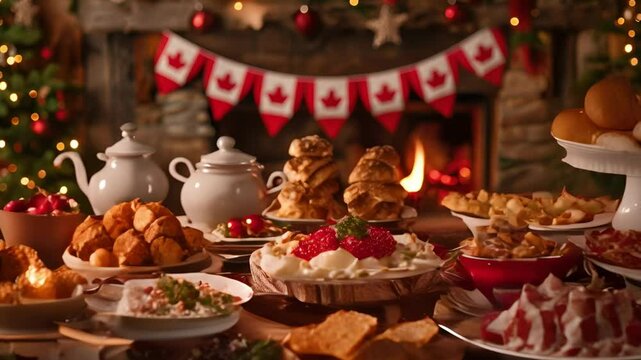 Christmas table with a variety of traditional Canadian dishes such as pudding, bacon, and poutine. Canadian flags and festive decorations