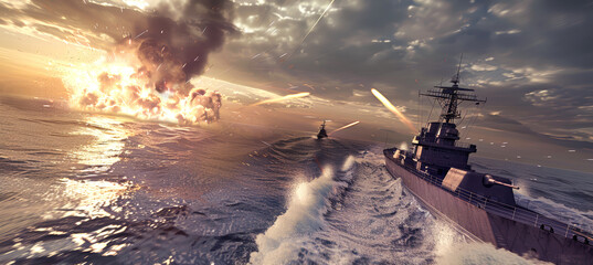 Fototapeta premium A warship cuts through turbulent waves as an explosion erupts behind it, illuminating the sky with a fiery glow