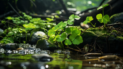 Green clover plants in a forest. A lush carpet of clovers thrives amidst the serene beauty of the forest