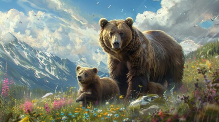 A majestic grizzly bear and her cub roam through a vibrant alpine meadow with snow-capped mountains in the background, under a blue sky.