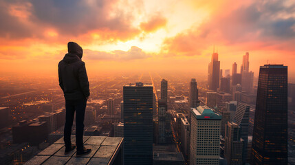 Solo traveler exploring the cityscape from an elevated viewpoint at sunset capturing the essence of wanderlust and metropolitan discovery through photography.