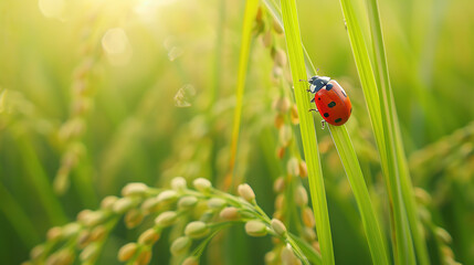 Obraz premium a lady bug on a green paddy plant in the paddy field in the morning