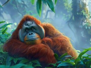 Obraz premium A majestic orangutan relaxes among lush, green foliage in a misty jungle, showcasing the serene beauty of wildlife in their natural habitat.