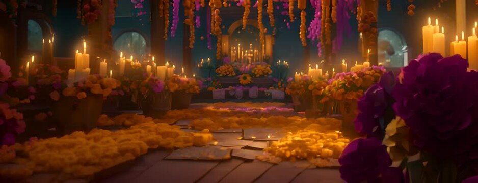 Attending a Dia de los Muertos celebration, November 2nd, colorful altars and marigold flowers, 4K hyperrealistic photo. 4K Video