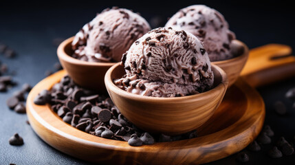 Indulge in mouthwatering Chocolate Ice Cream Scoops topped with Chocolate Chips. Ideal for dessert lovers and food photographers alike.