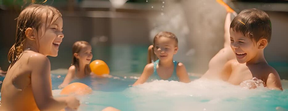 Kids participating in a water balloon fight for National Root Beer Float Day, August 6th, laughter and splashes, 4K hyperrealistic photo. 4K Video