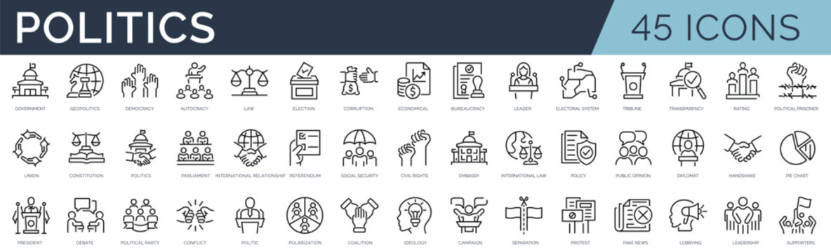 Set of 45 outline icons related to politics. Linear icon collection. Editable stroke. Vector illustration