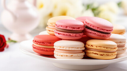 Obraz premium Vibrant macarons on a white plate perfect for Easter celebrations.