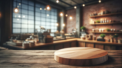 Empty wood tabletop or counter with display product. Blur image of concerte brick wall background. Display product background concept