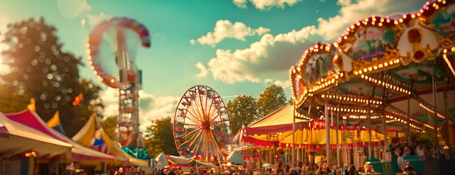 Vibrant summer fair with colorful rides and food stalls, bustling crowd, 4K hyperrealistic photo. 4K Video