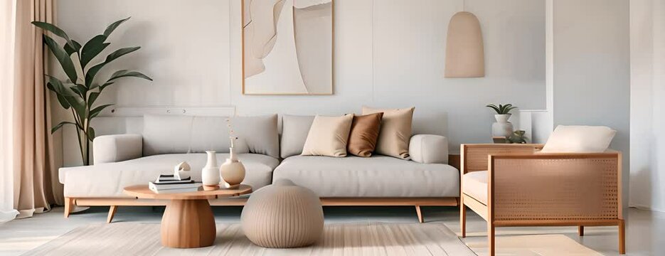 Modern minimalist living room with clean lines and statement artwork, 4K hyperrealistic photo 4K Video