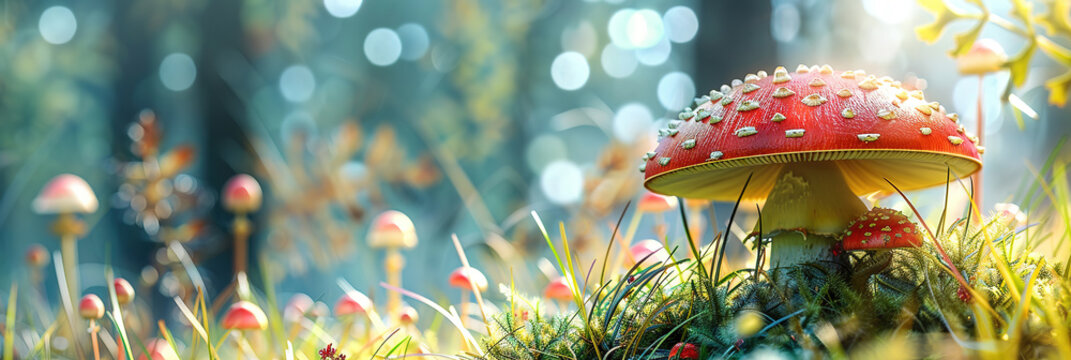 Amanita Muscaria muscimol mushroom Amanita fly agaric mushrooms in forest with grass on the background. Creative banner. Copyspace image 