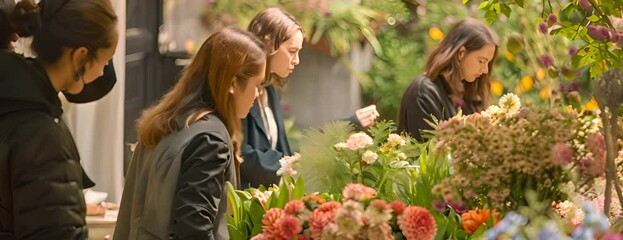 Outdoor floral arrangement class with florists, participants and flower arrangements, 4K hyperrealistic photo. 4K Video