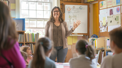 In a bright and inviting classroom, a passionate teacher stands at the front of the room, engaged in teaching a group of eager students. 