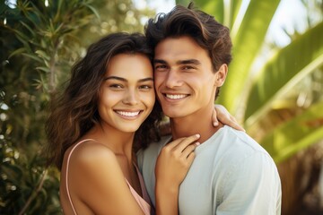 Naklejka premium Portrait photo of a young couple, age 18, Hispanic, smiling brightly, first love