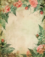 Roses surrounded by delicate ferns, alone at the border of the writing paper and stationery, blank central area empty for writing