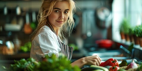 Smiling Blonde Woman Preparing Food in the Kitchen