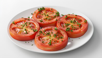grilled fried tomato slices on plate on white background