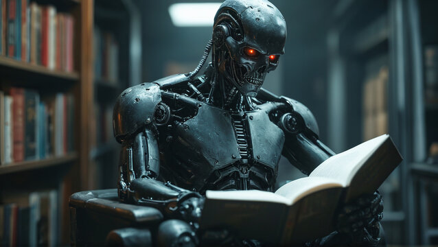 portrait of metalic robot with red glowing eyes, metal skelleton and skull interesting reading a three paged book, generative AI