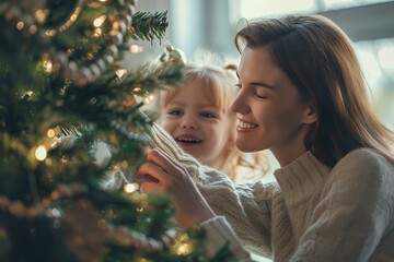 Mother and Daughter Decorating Christmas Tree Together