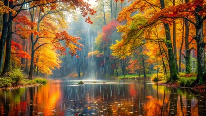 Obraz premium Majestic autumn rain-soaked forest landscape with vibrant foliage, splashing raindrops, and glistening puddles on a misty October morning ambiance.